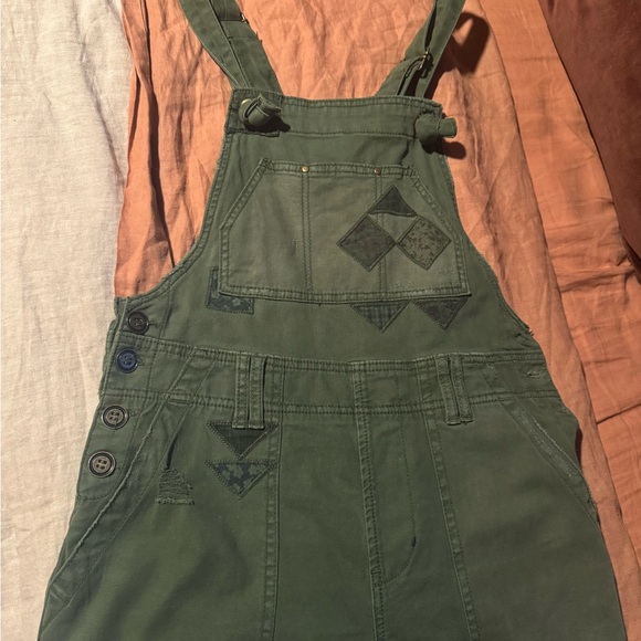 Anthro Pilcro Olive Green Overalls with Geometric Patterns - Picture 3 of 3